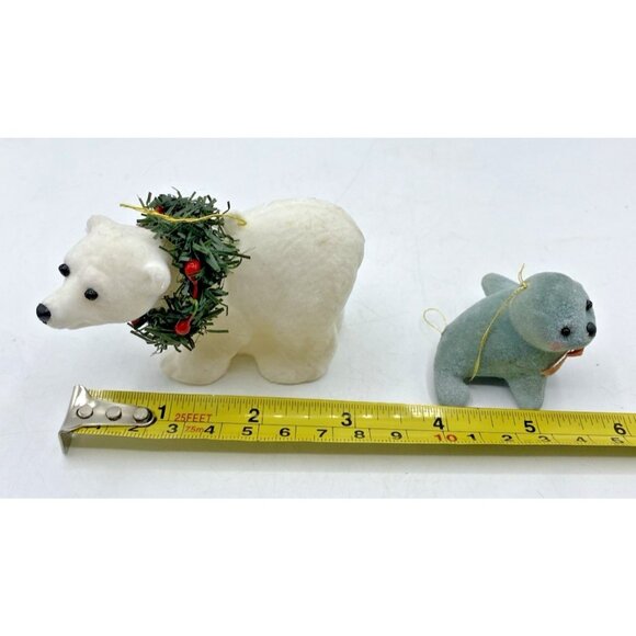 2 Fuzzy Christmas Ornaments Seal & Polar Bear Flocked Holiday Decor Kitsch Retro - Picture 8 of 12